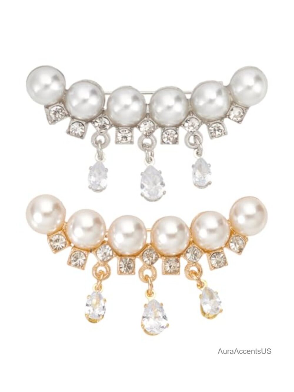 2 Pearl Shawl Clips Brooch Rhinestone Sweater Chain Pins Women Cardigan Scarf